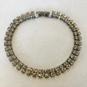 Sparkling Bracelet Clear Crystal Rhinestone Silver Tone Metal Double Row 8" Long